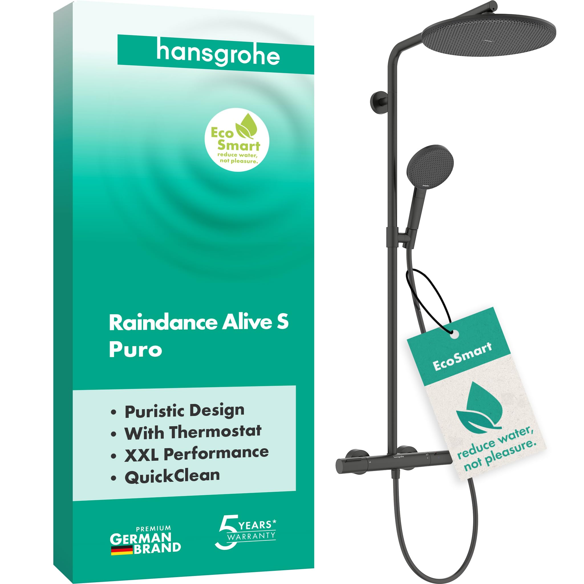 hansgrohe Raindance Alive S Puro - wassersparendes Duschsystem (EcoSmart) mit Thermostat, Regendusche mit Armatur, Handbrause, Schlauch, Brausestange und Kopfbrause, Brushed Black Chrome, 24593340