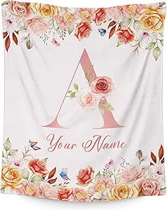 Personalized Blanket with Name, Flower Initial Throws Gift for Girls, Soft Anniversary Birthday Gifts for Her, Cozy Flannel Throw Blankets for Bed Travel, 50x60 Inches