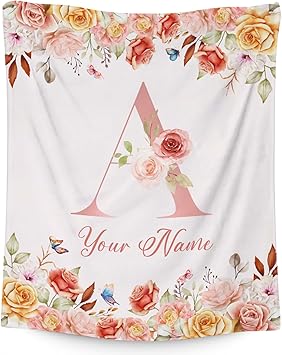 Personalized Blanket with Name, Flower Initial Throws Gift for Girls, Soft Anniversary Birthday Gifts for Her, Cozy Flannel Throw Blankets for Bed Travel, 50x60 Inches