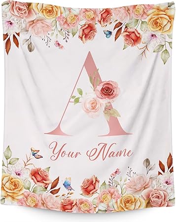 Personalized Blanket with Name, Flower Initial Throws Gift for Girls, Soft Anniversary Birthday Gifts for Her, Cozy Flannel Throw Blankets for Bed Travel, 50x60 Inches