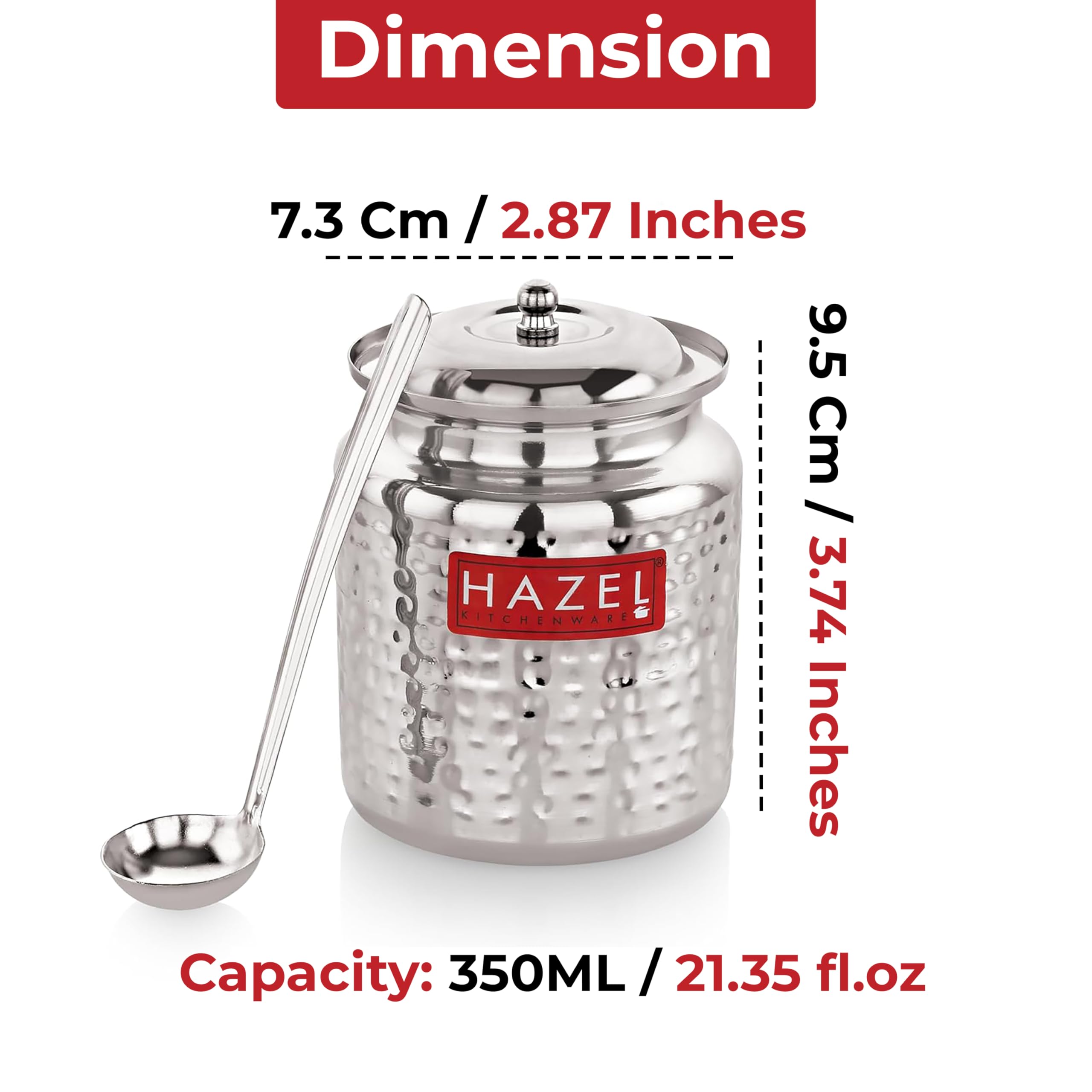 HAZEL Stainless Steel Ghee Container with Spoon | 350 ML Hammered Design Steel Oil Jar with Lid for Kitchen | SS Storage Pot for Cooking