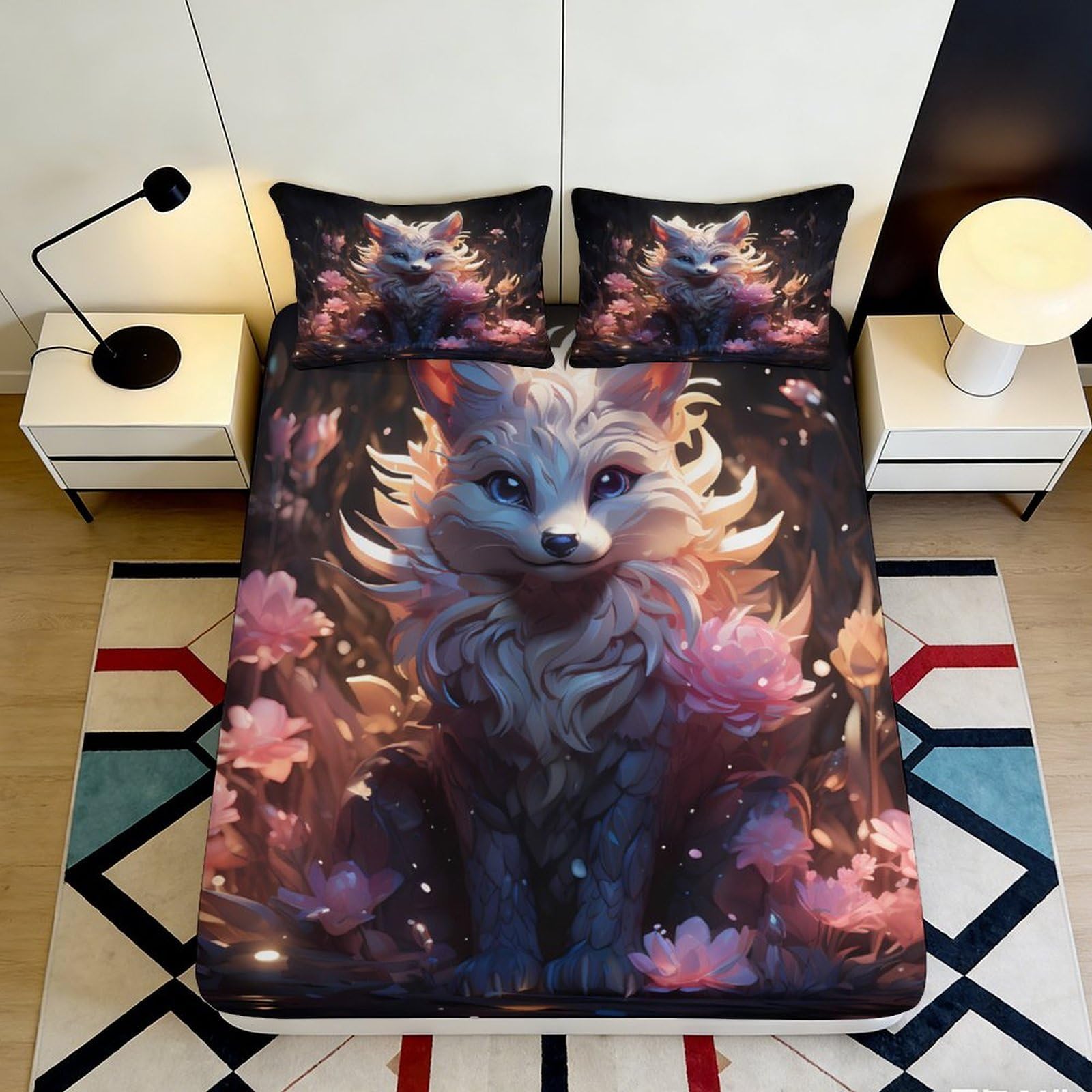 3D Printed Fantasy Fox Fitted Sheet Microfiber Soft Breathable Floral Bed Cover for Bedroom Guest Room Decor 90x200x25cm