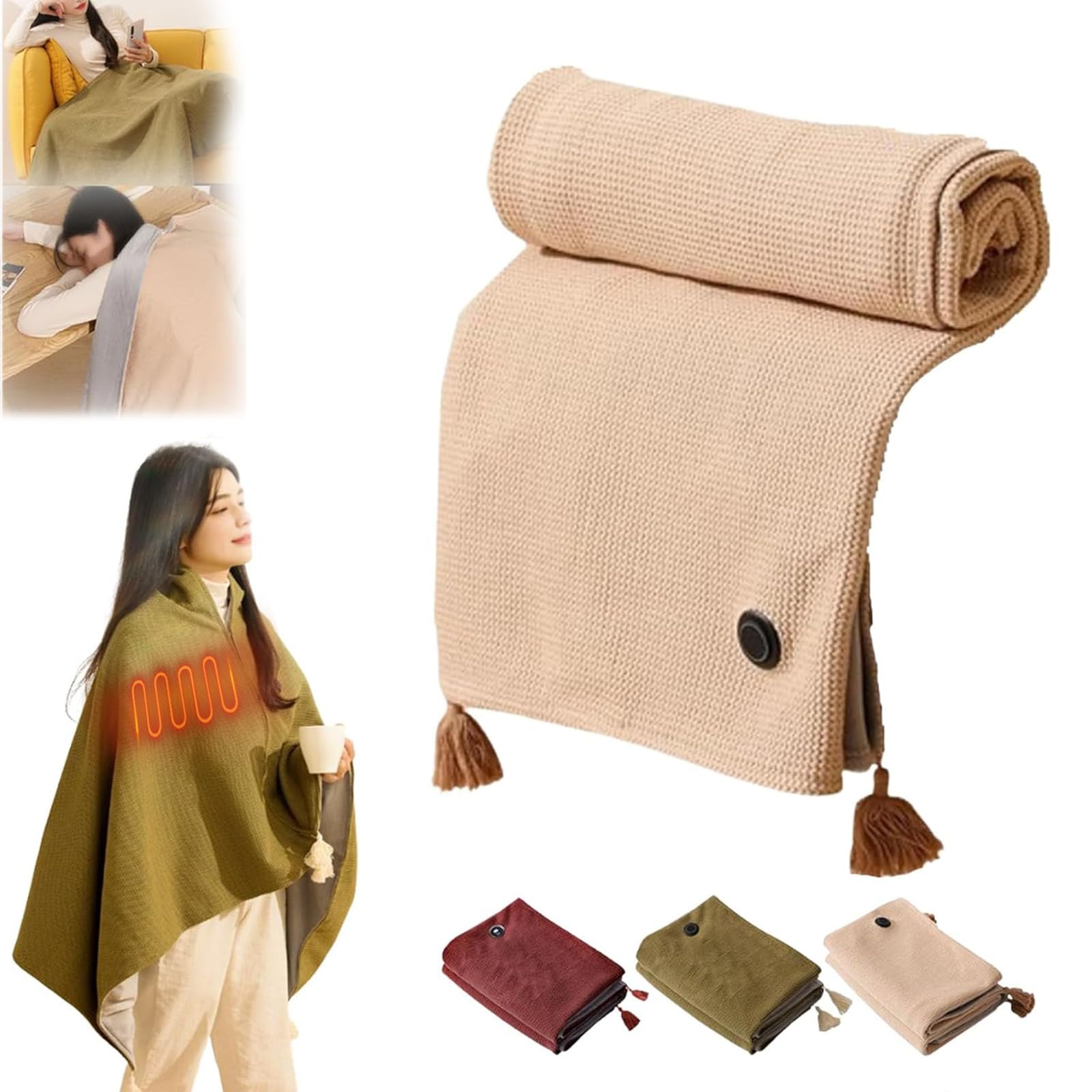 Portable Heated Shawl, Portable Soft Zipper Electric Heated Blanket Shawl, Heated Blanket USB Powered, Heated Blanket Portable, Electric Shawl 15s Fast Heating, Heated Shawl for Women (Apricot)