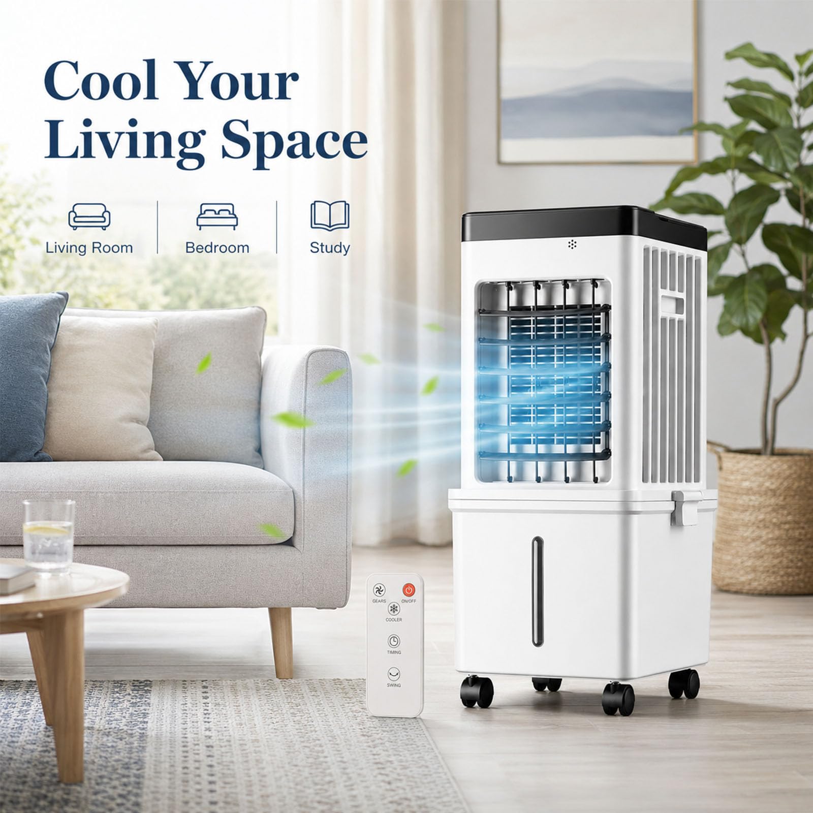 Generico 3-in-1 Ventilatore Portatile con Telecomando, 12L Raffrescatore Evaporativo d'Aria, Sistema di Raffreddamento per Soggiorno e Ufficio, Timer 12H & Setti Ghiaccio