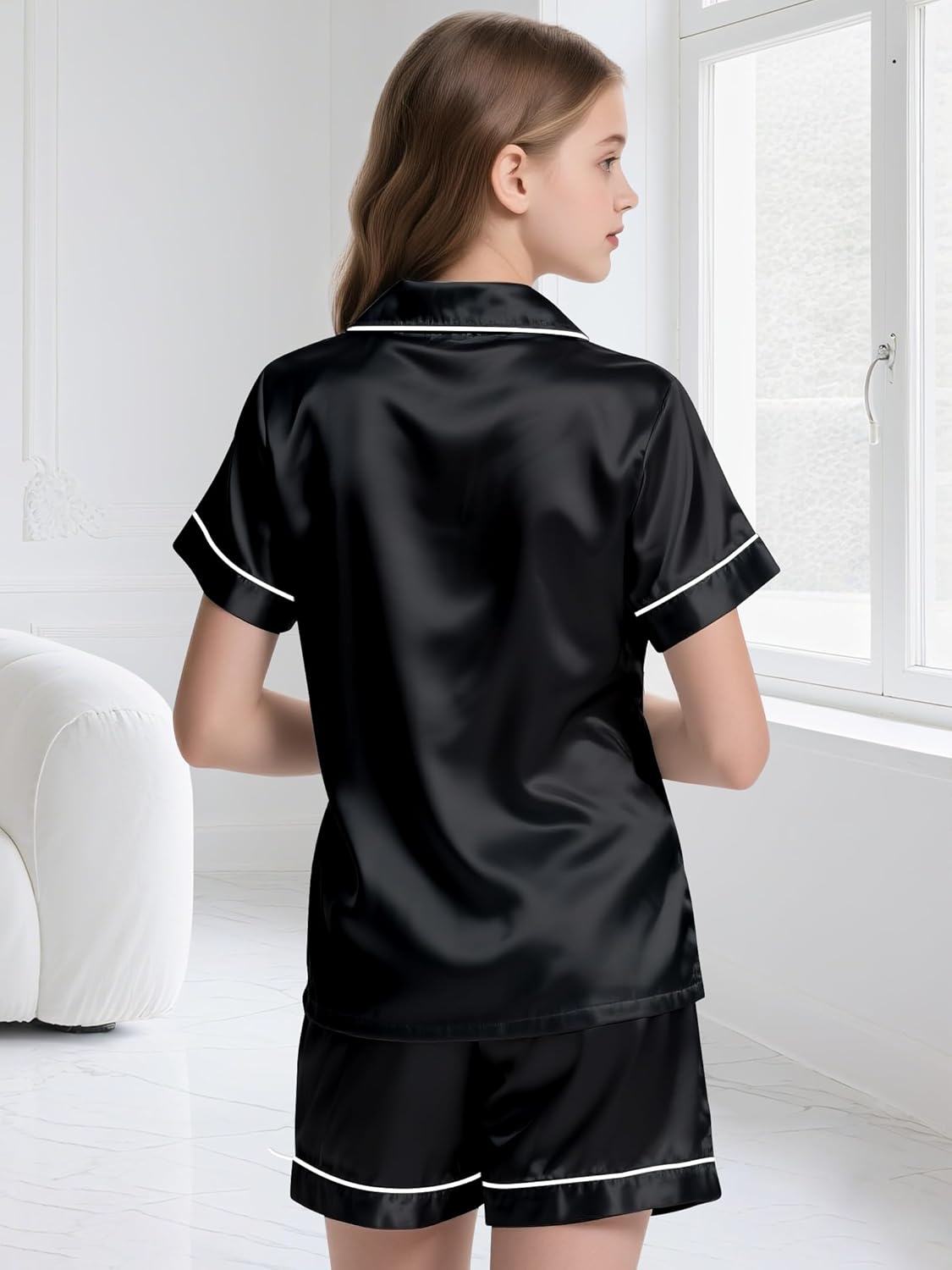 Kids Silky Satin Pajamas Short Sleeve Button Top and Shorts 2-Pc Set, 4-14 Years - Image 4