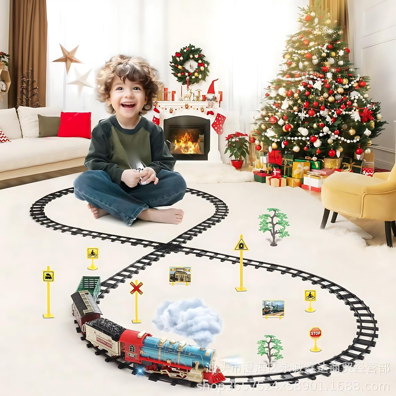 Storio Christmas Toy Train Set for Kids with Real Smoke, Light & Music, Battery Operated Electric Railway Track Set, Musical Toy Train for Boys Girls, DIY Track Building Educational Gift Toy 3+ Years