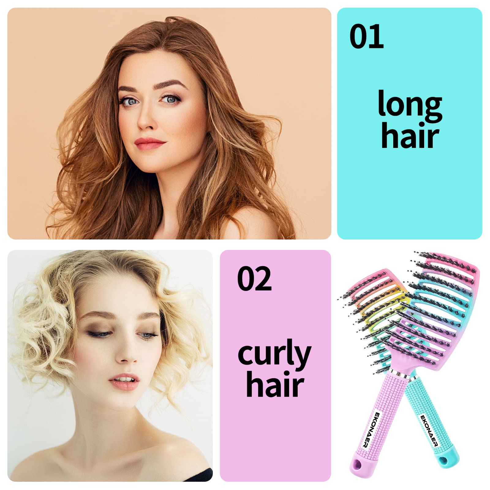 Paquete de 2 cepillos para desenredar nudos sin dolor, añade brillo y hace que el cabello sea suave, cepillo de cerdas de jabalí desenredante para adultos y niños, cabello húmedo o seco (verde y rosa)