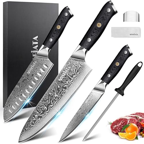 MOSFiATA Juego de cuchillos de chef profesional de Damasco, 3 piezas, cuchillo de chef de 8 pulgadas, cuchillo Santoku de 7 pulgadas y cuchillo disponible en Yaxa Peru