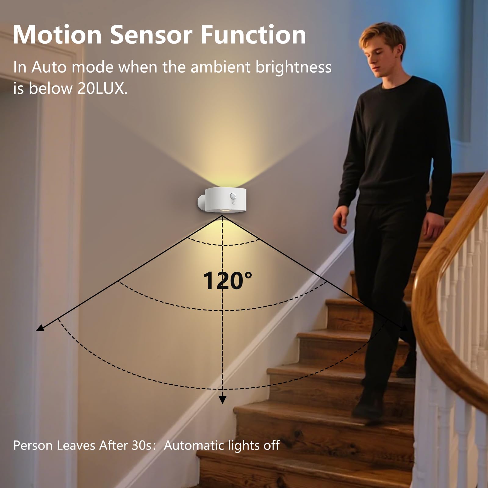 Deyagoo Rechargeable Motion Sensor Wall Light Indoor - Magnetic Base, Dimmable 3000K Warm White with 3 Modes (ON /AUTO /Off), LED Wireless Wall Sconce for Closet, Stairs, Basement, Living Room (White)