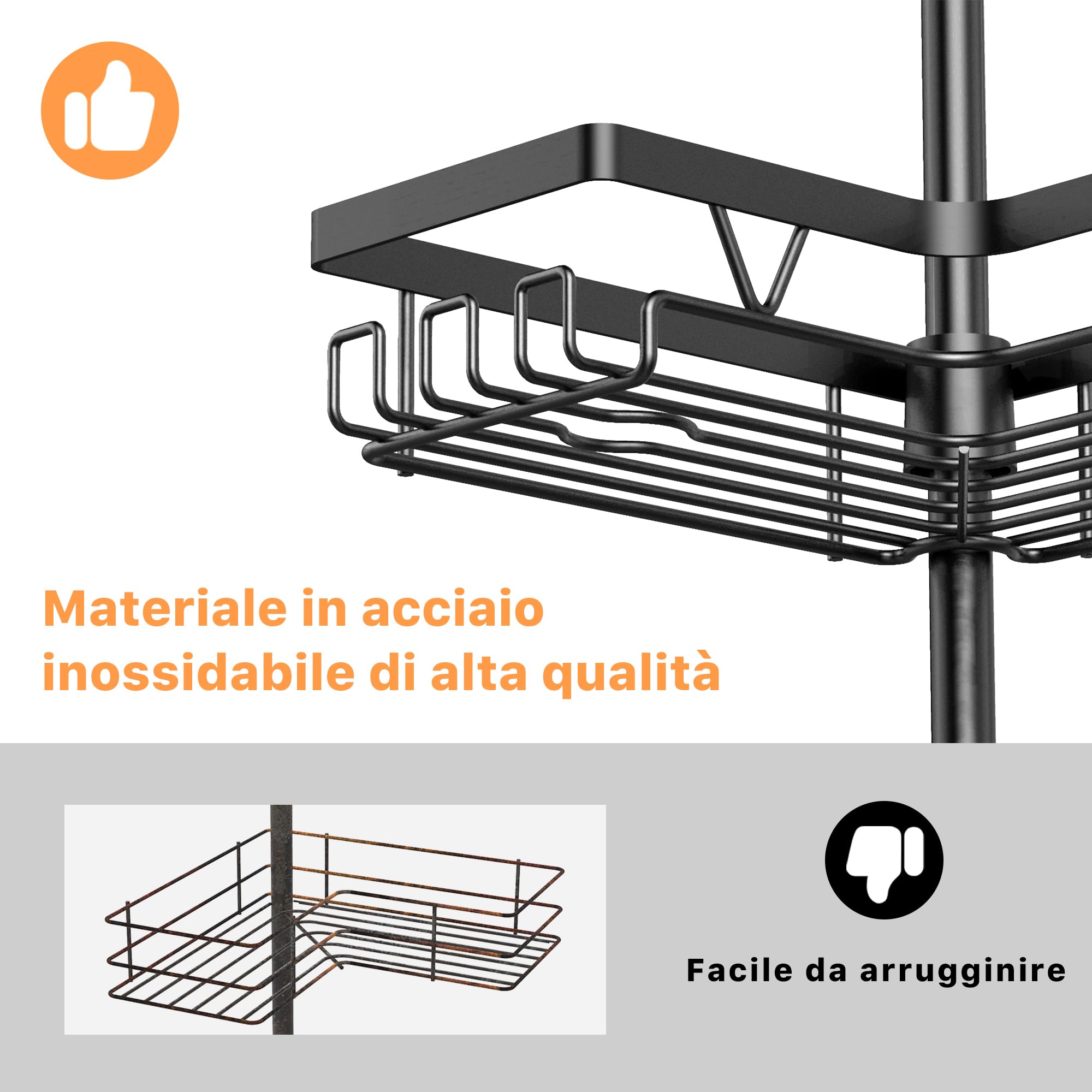 Kegii Telescopico Mensola Doccia Angolare - Portaoggetti Bagno Regolabile Portaoggetti Telescopico per Doccia con 4 Vassoi, Mensola Angolare Telescopica per Doccia e Bagno Nero