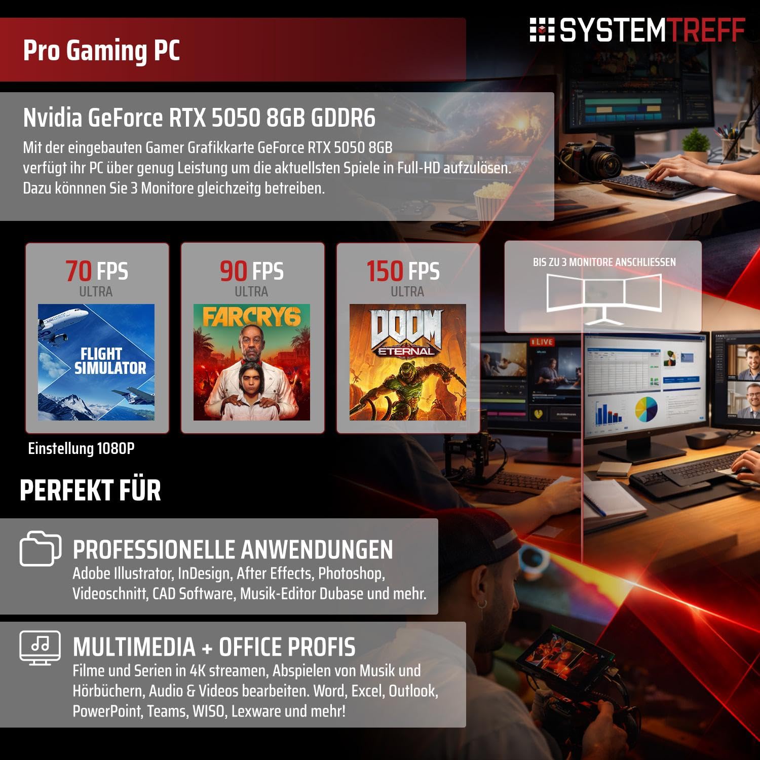 SYSTEMTREFF Gaming PC AMD Ryzen 7 5700X 8x4.6GHz | Nvidia RTX 5050 8GB DX12 | 512GB M.2 NVMe | 16GB DDR4 RAM | WLAN Desktop Computer Rechner für Gamer, Zocker & Streamer