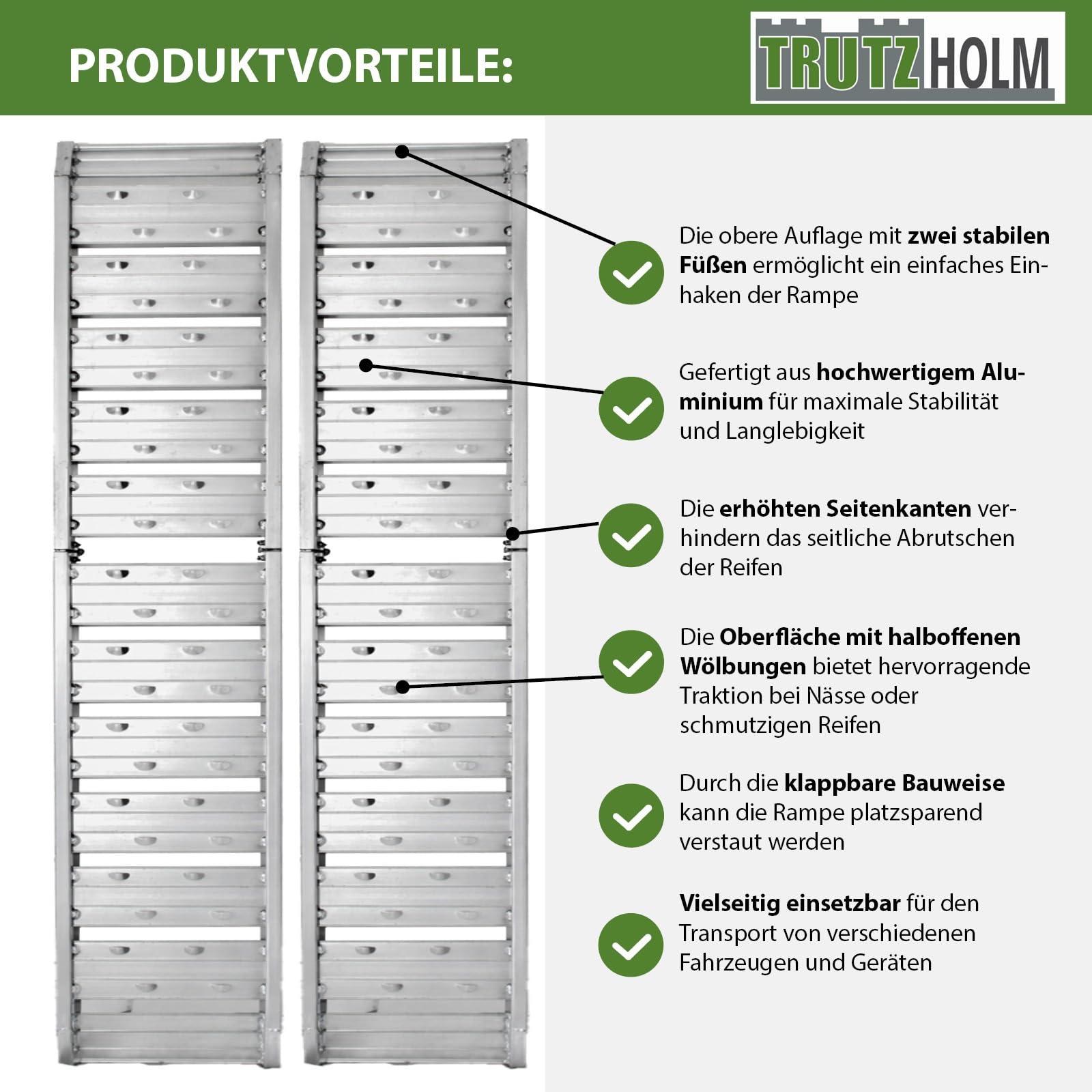 TRUTZHOLM 2X Auffahrrampe klappbar Aluminium Länge 180 cm Traglast gesamt 400 kg geriffelte Oberfläche Verladerampe