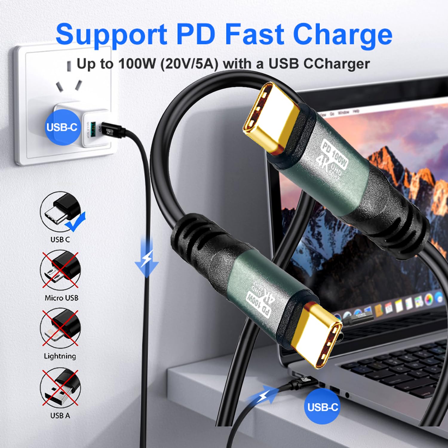 Cable tipo C a C de 40 pies, carga rápida 4K a 60 Hz 100 W, funda de aluminio para transferencia de datos de alta velocidad para monitor portátil Xreal MacBook Pro, iPad Pro, iPhone 15 Pro