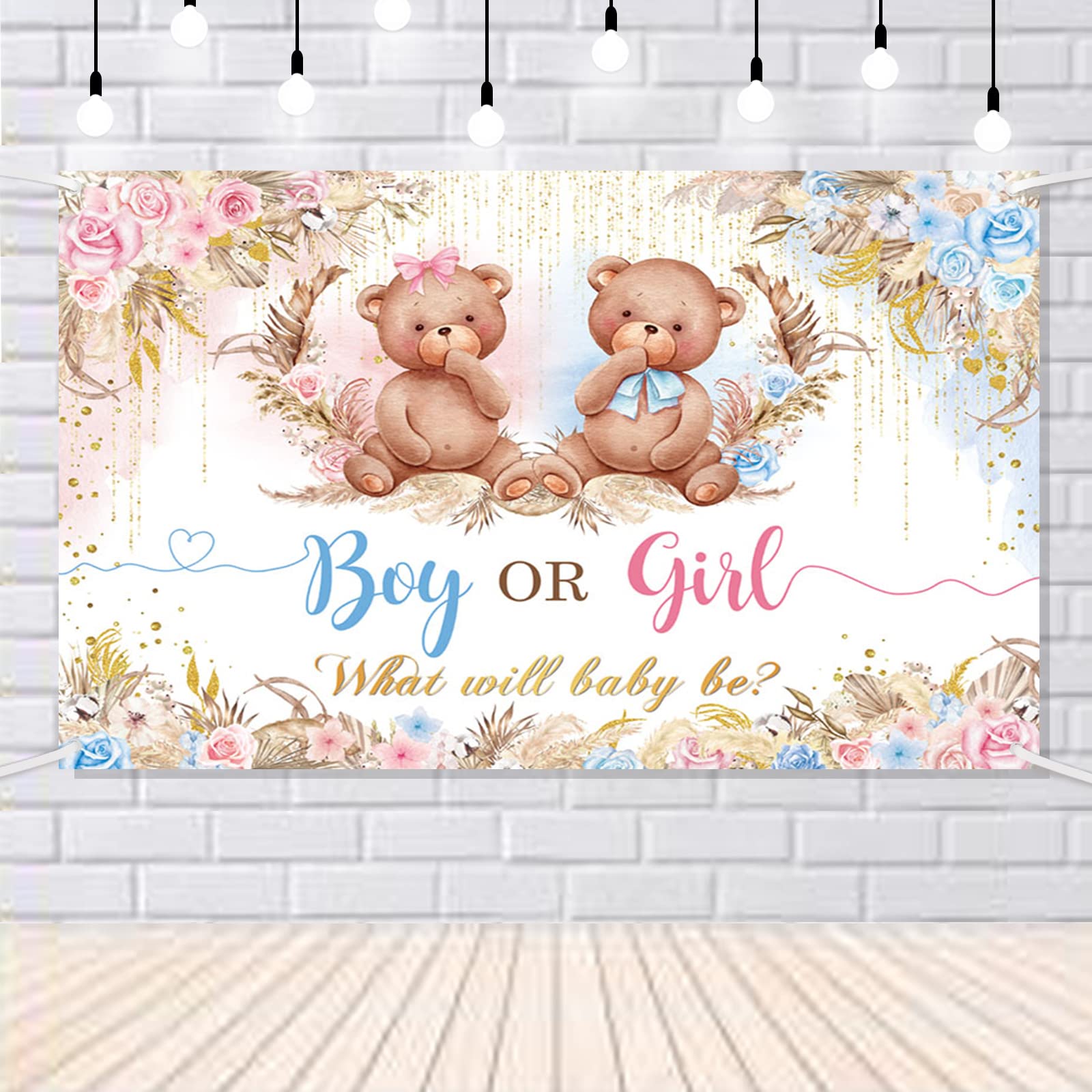 AIBIIN Boho Bear Gender Reveal Banner Backdrop Boy or Girl He or She Baby Shower Party Decorations Supplies Pink Blue Flowers Gender Reveal Theme