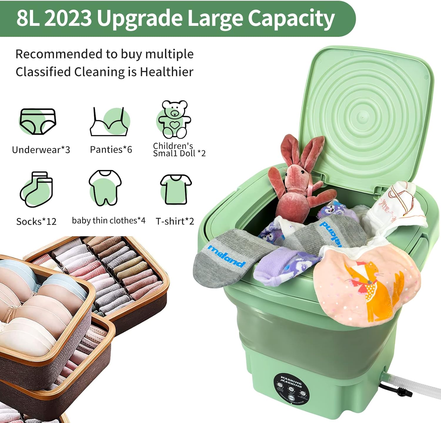 Portable Washing Machine,8L Mini Folding Bucket Washer with Drainage Pipe & 4 Clothes Clips for Socks Underwear Baby Clothes,Suitable for Apartment Camping RV Travel laundry (110V-240V) (Green)