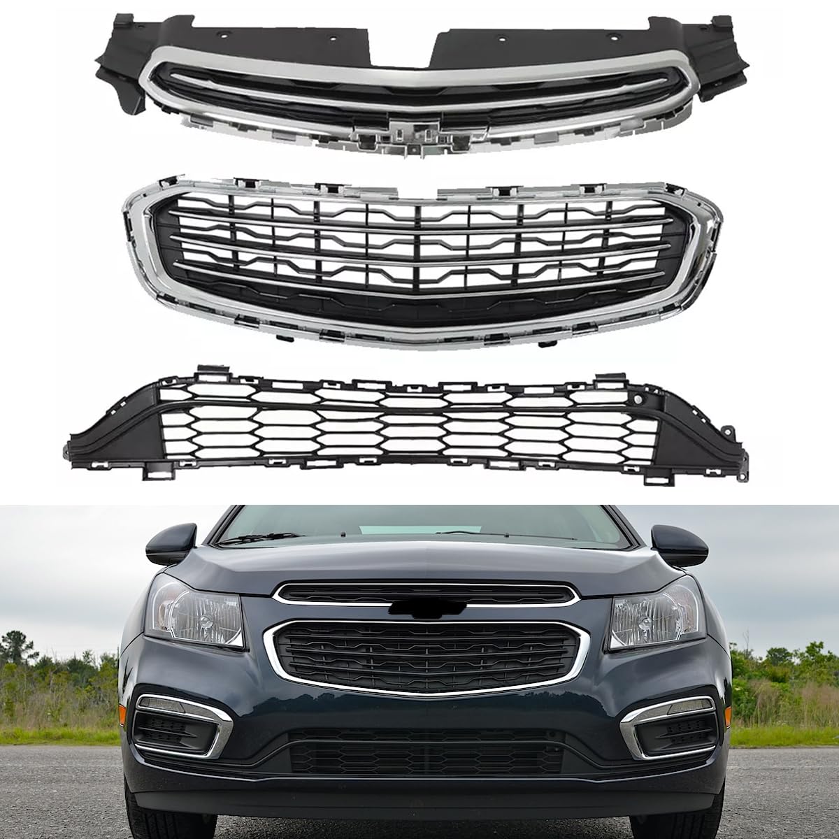 Front Bumper Grille Fit For 2015 Chevy Cruze Upper+Lower Grill Black Plastic 3Pcs Set