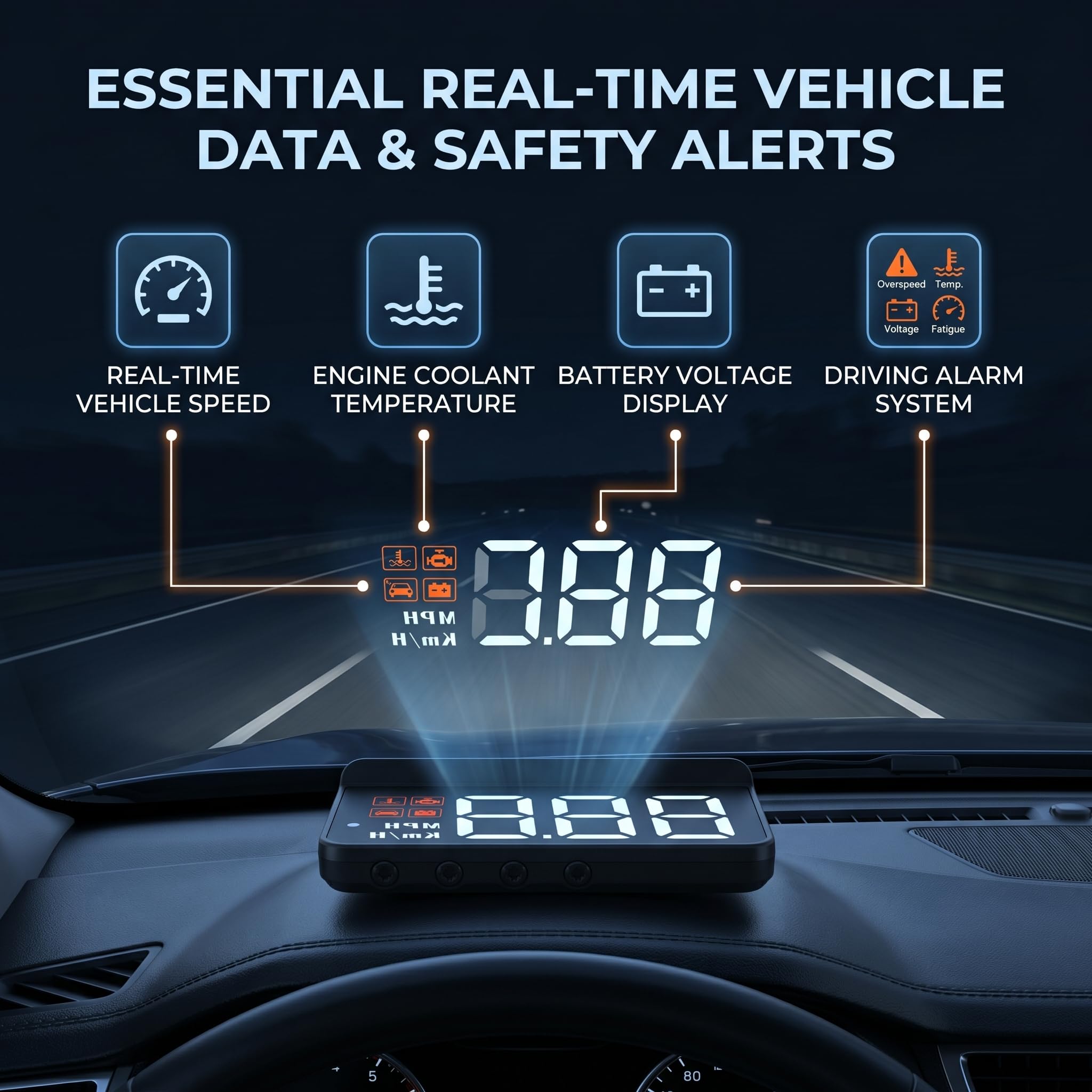 HUD Multifunzione per Auto Head Up Display Gauge, OBD2 Indicatore Parabrezza Allarme Fatica Strumento di Promemoria Guida