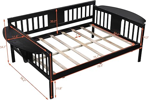 Miniatura 2 de JIVOIT Sofá cama de tamaño matrimonial con estantes plegables en ambos lados marco de madera con soporte de listones de madera y pasamanos cama SOFE