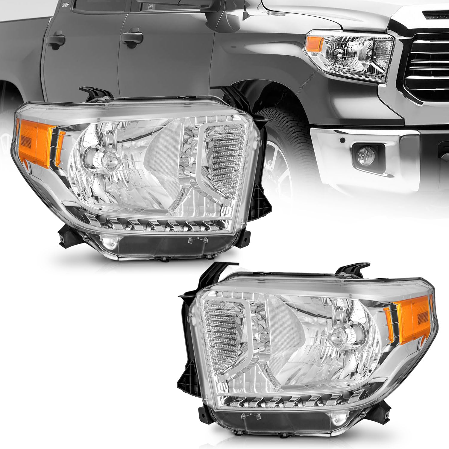 Photo 1 of WEELMOTO Headlights for 2014-2021 Toyota Tundra, Not For Models W/Adjustable Headlight Leveling Dial/Buttons *Not Compatible* W/Factory LED DRL Models, Headlamp Replacement Chrome Housing