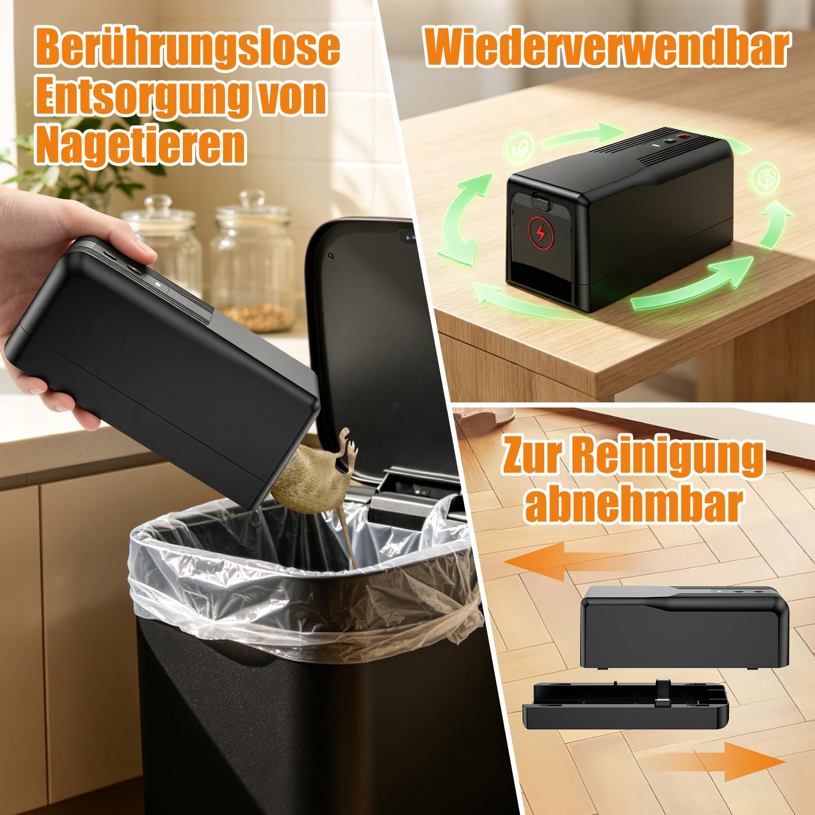 Rattenfalle Elektrisch 8000V, Elektrischer Mausfänger Mausefalle Elektrisch Große Einzug 11,5*25,5 cm,Sofortiger Schmerzloser Elektronische Schlagfalle, Wiederverwendbar & Hygienisch für Küche Keller
