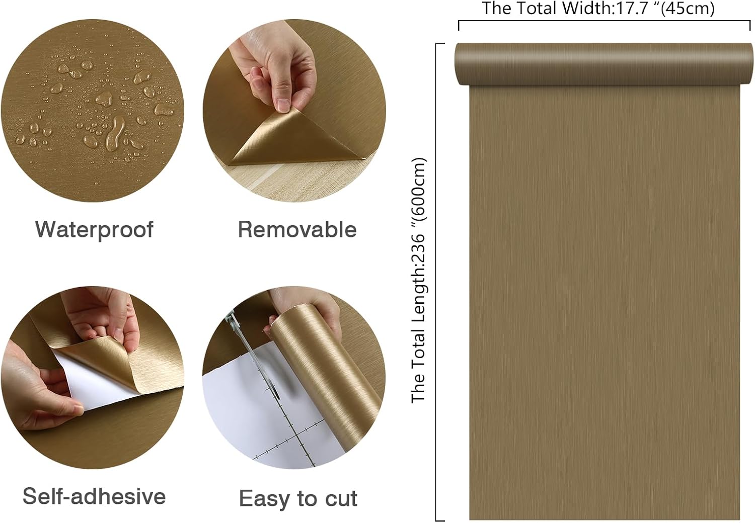 CHIHUT 17.7”x236” Champagne Gold Stainless Steel Heat Resistant Contact Paper for Countertops Brushed Gold Metallic Peel and Stick Wallpaper Self Adhesive Refrigerator Covers for Microwave Door Film