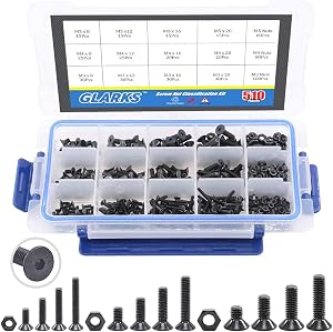Glarks 510Pcs Metric M3 M4 M5 Alloy Steel Socket Cap Screws Hex Head Bolt Nuts Assortment Kit - Black Oxide Finish