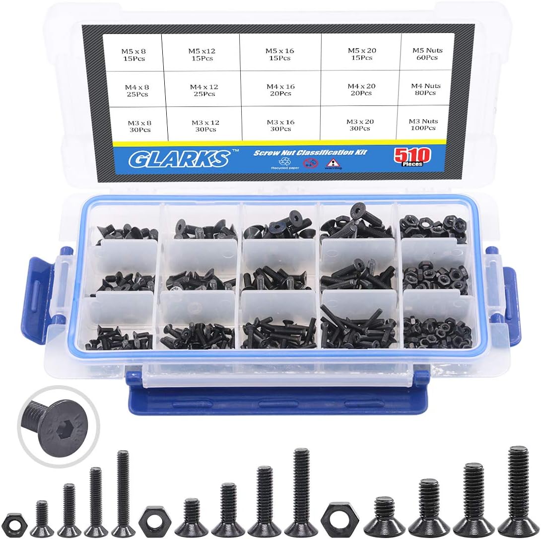 Glarks 510Pcs Metric M3 M4 M5 Alloy Steel Socket Cap Screws Hex Head Bolt Nuts Assortment Kit - Black Oxide Finish