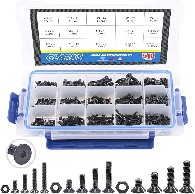 Glarks 510Pcs Metric M3 M4 M5 Alloy Steel Socket Cap Screws Hex Head Bolt Nuts Assortment Kit - Black Oxide Finish