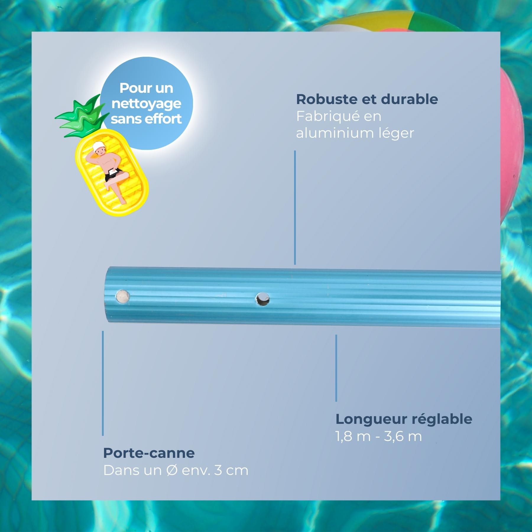 Perche télescopique en 2 Parties I Perche télescopique en Aluminium de 1,8 m à 3,6 m I Perche de Piscine pour aspirateur de Piscine Manuel & épuisette de Piscine I Système de Serrage Rotatif