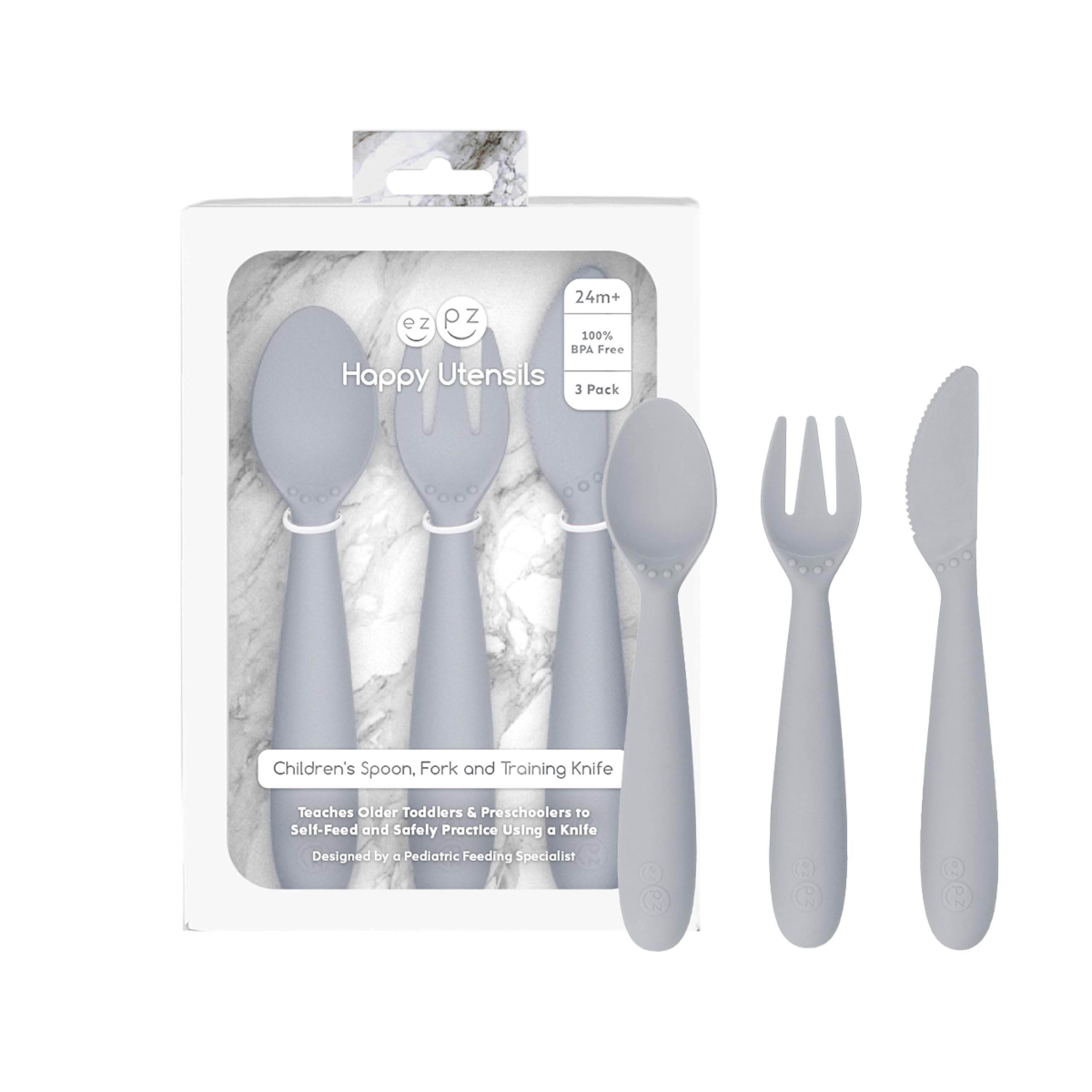 ezpz Happy Utensils (Pewter) - 24 Months+ - BPA Free Toddler Utensils - Fork, Spoon and Knife for Toddlers and Preschoolers - Kids for Self-Feeding