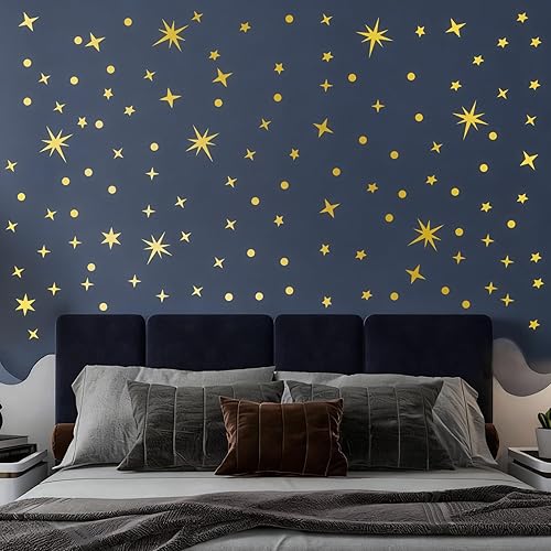 Calcomanías de pared vintage con estrellas doradas, 5 hojas, 210 unidades, calcomanías con estrellas y puntos, calcomanías de arte de pared para