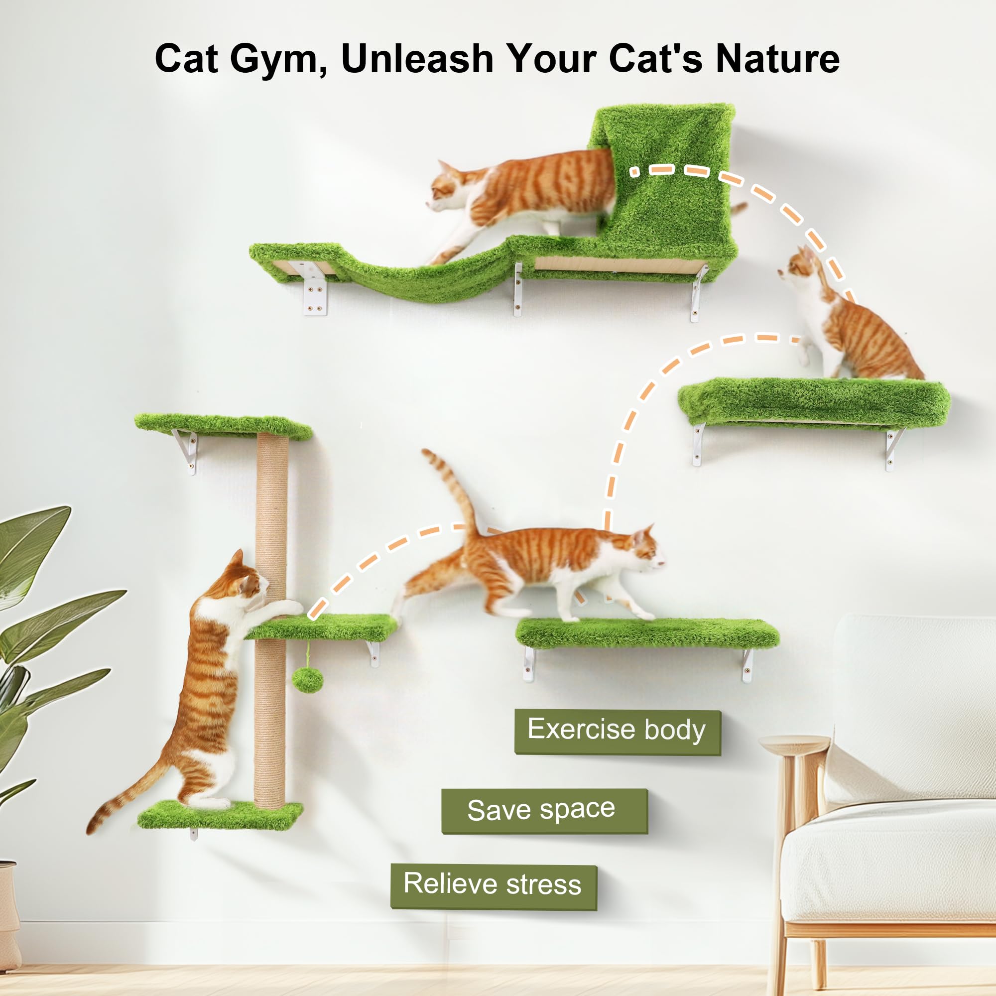FUKUMARU Climbing Wall Cat Set, 10-Piece, Made of Robust Multiplex Board, Cat Hammock with Cat House, Bridge, Tree, Stairs up to 18 kg, Grey
