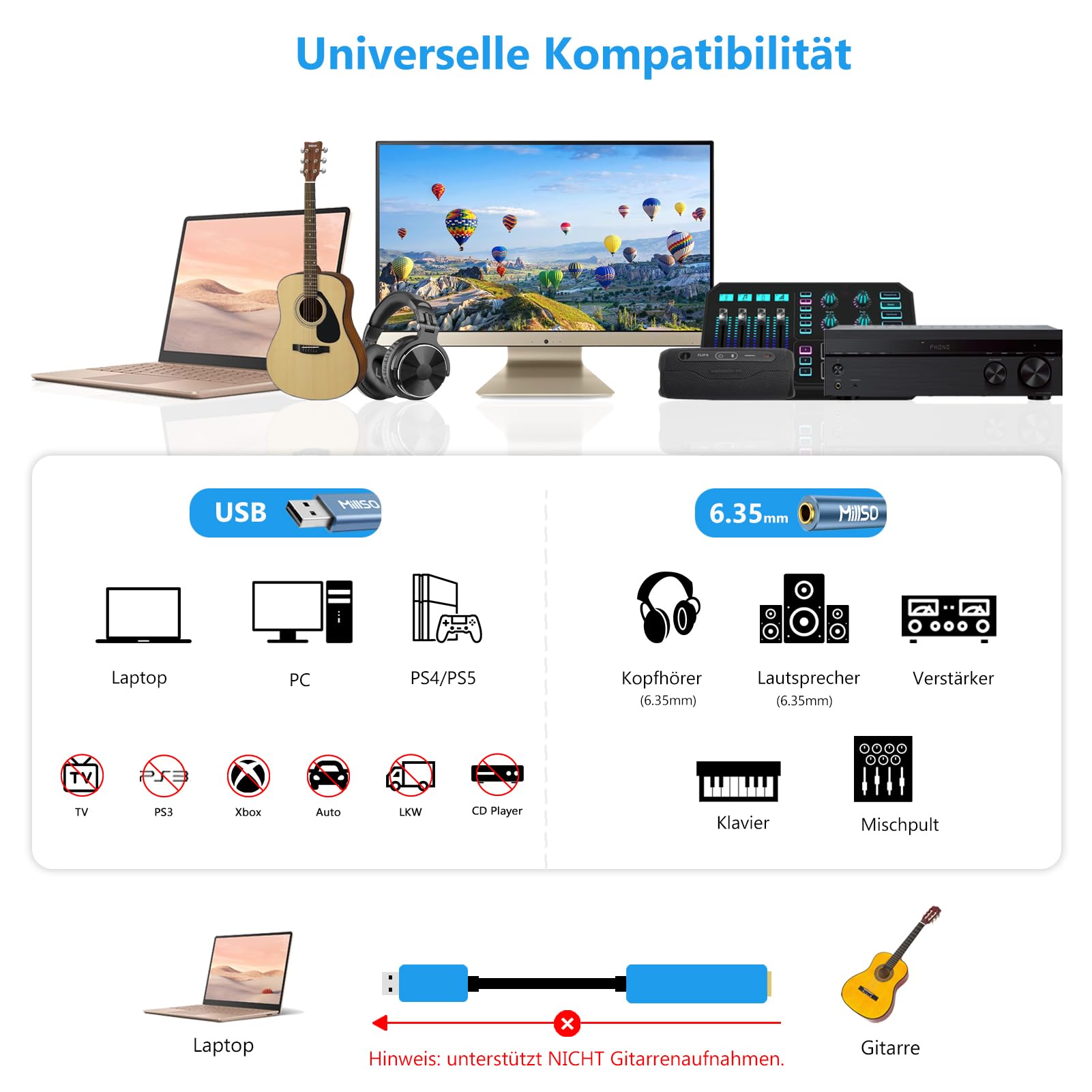 MillSO USB na 6,35 mm zestaw słuchawkowy adapter USB A wtyczka do gniazda 6,35 mm słuchawki adapter zewnętrzna karta dźwiękowa