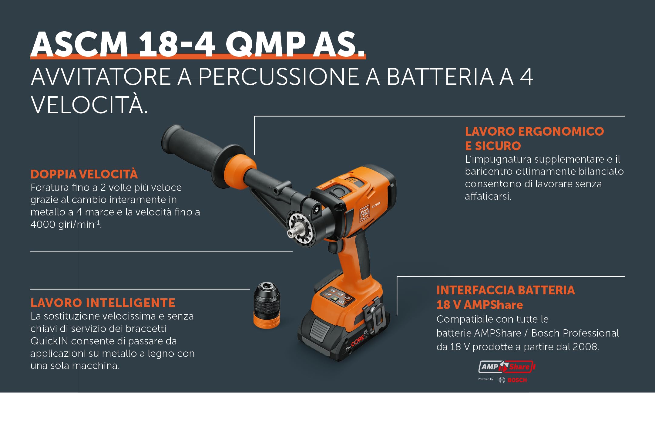 FEIN Trapano Avvitatore a Batteria brushless con percussione ASCM 18 QMP AS | 4 velocità, Attacco QuickIN, Maschiature M14, Forature Seghe a Tazza HM fino a 80 mm, batteria e caricabatteria non inclusi