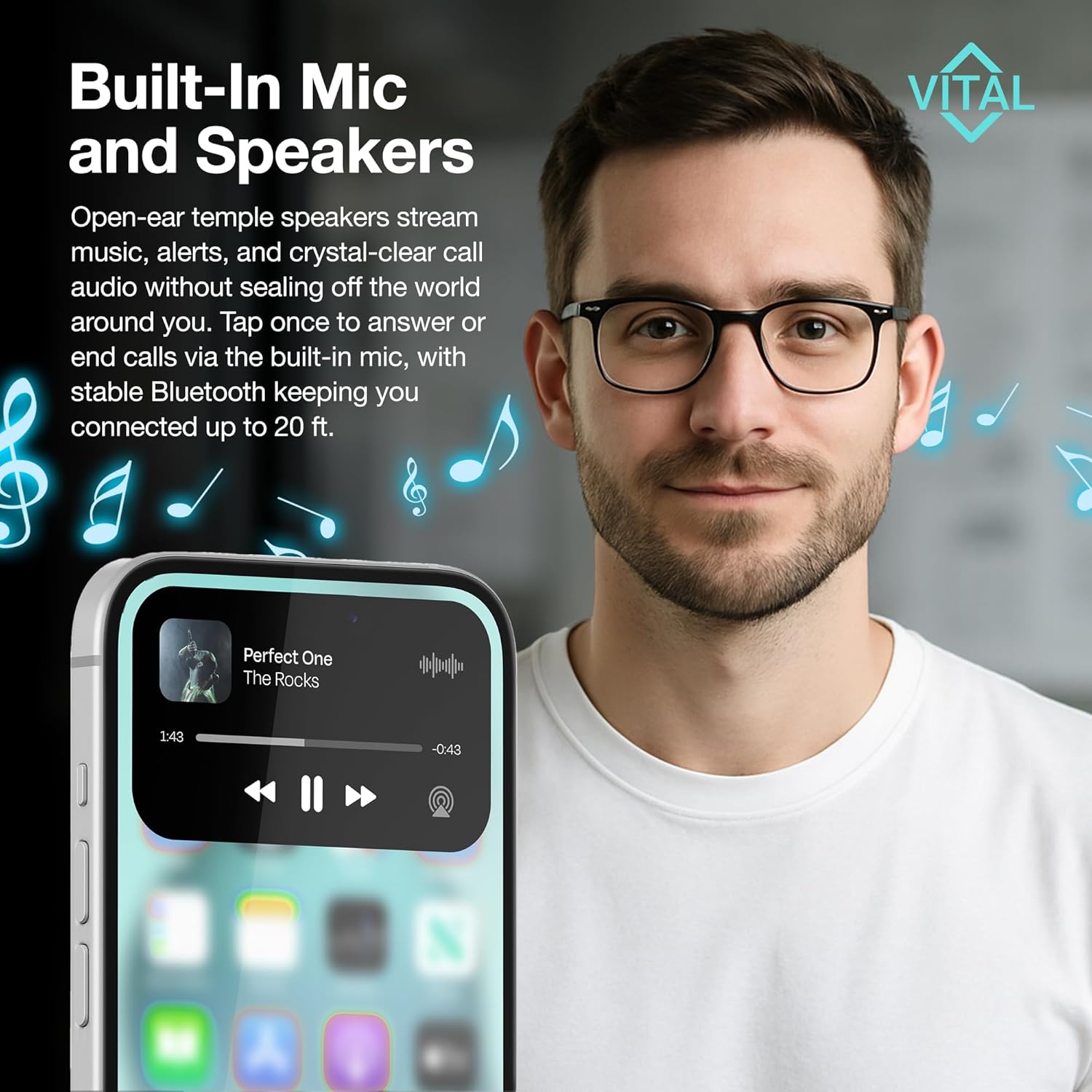 Man wearing Vital Smart Glasses W100, with phone displaying music playback interface.