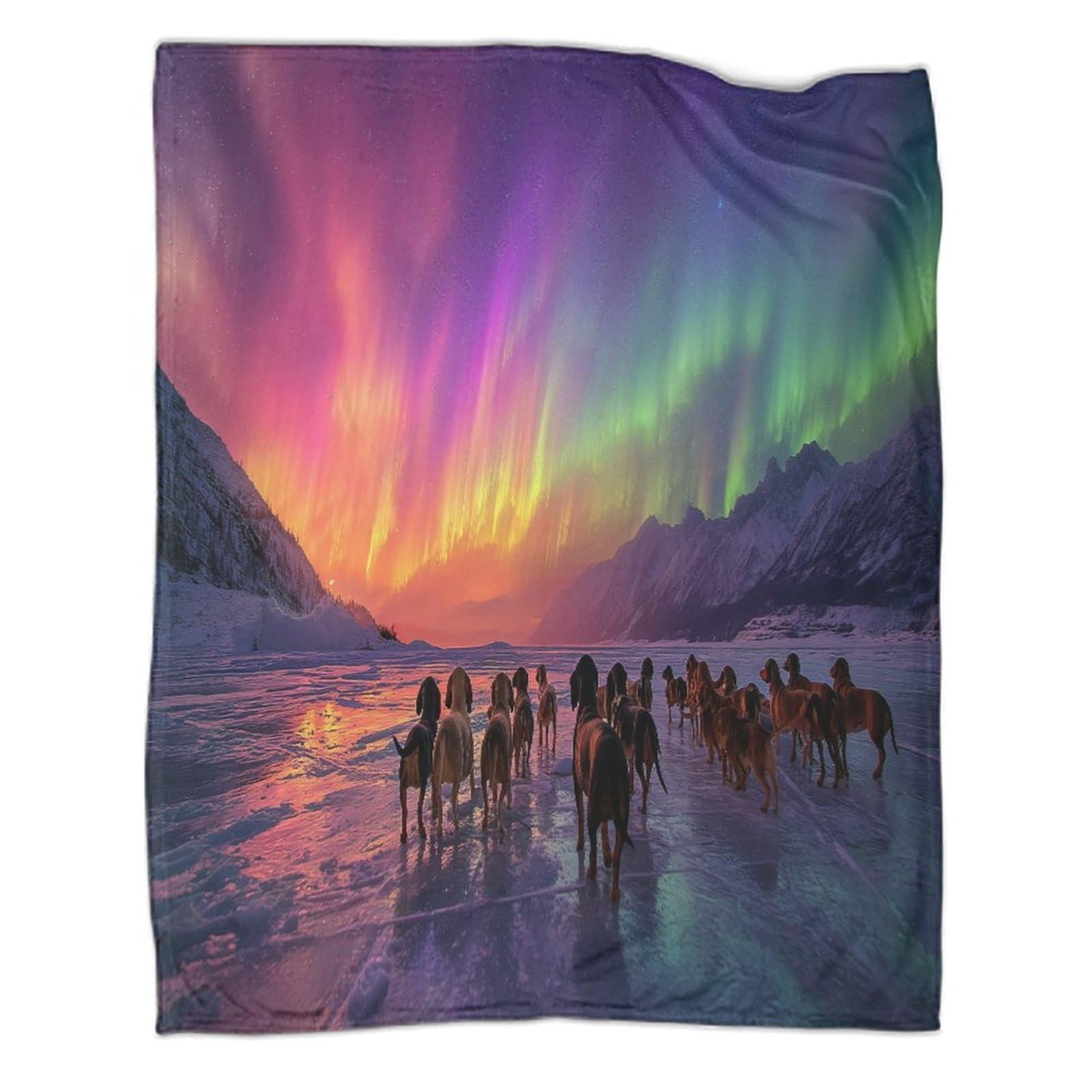 Perro Salchicha en el Glaciar con Aurora Boreal Manta,Suave,Cómoda Y Cálida,con Patrón 3D Sofá Cama,Adecuado para Uso Doméstico Y Camping.,80x90inch(200x230cm)