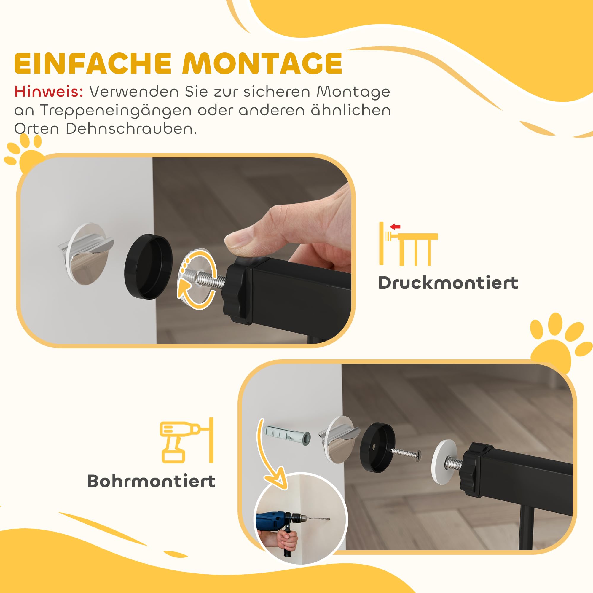 PawHut Barrera de Seguridad para escaleras Barrera de Seguridad para Puertas Barrera de Seguridad sin taladrar 76-104 cm Barrera de Seguridad de Acero para Perros, Mascotas escaleras, Puertas, Negro