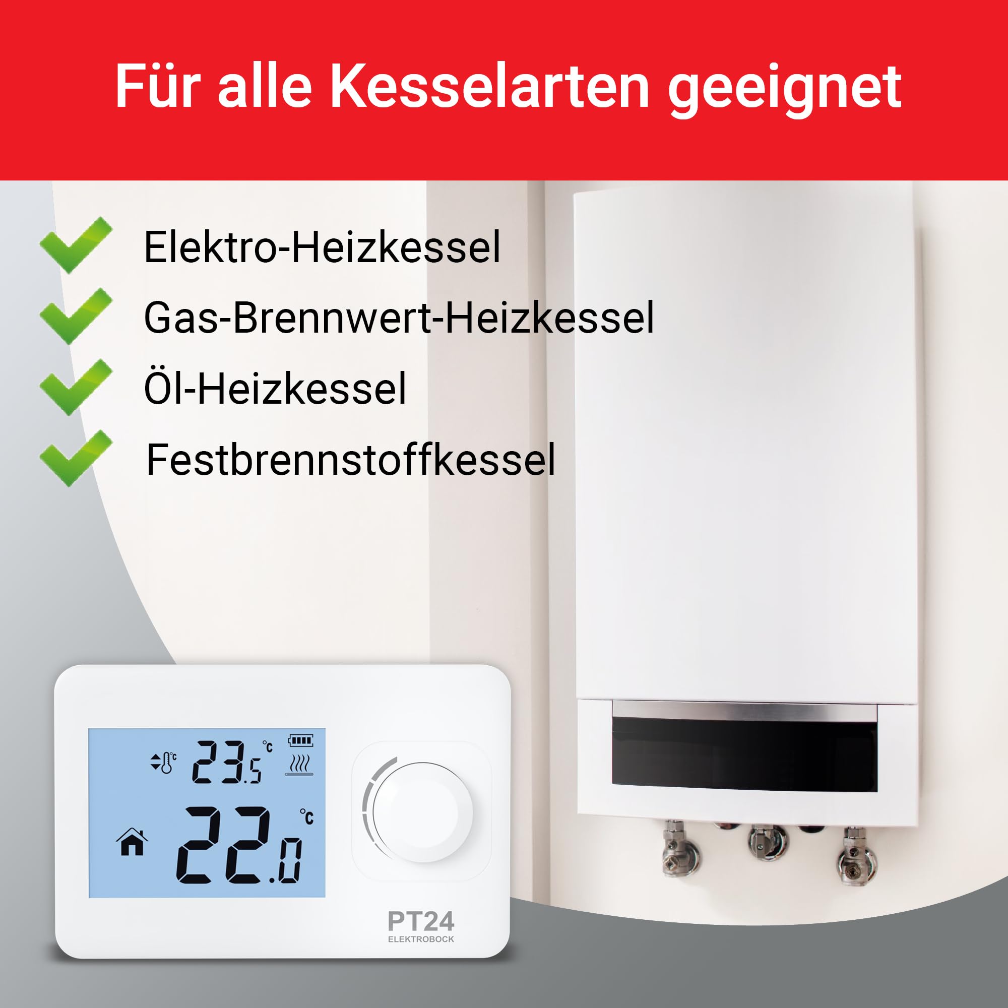 ELEKTROBOCK PT24 Raumthermostat mit LCD Display | Wandthermostat für alle Kesselarten geeignet | Batteriebetrieb (2X AAA) | Keine Programmierung notwendig | Frostschutz & Fenster-offen-Funktion