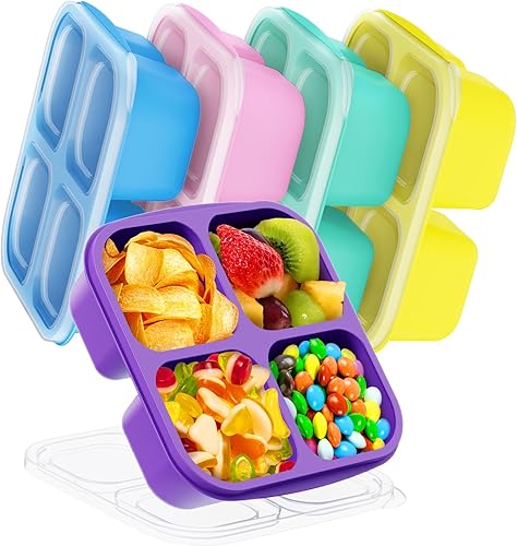 Miniatura 10 de 5 piezas Recipientes para aperitivos Bento, recipientes reutilizables de 4 compartimentos divididos para almacenamiento de alimentos, recipientes
