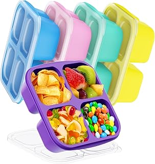 5 Pcs Bento Snack Containers, Reusable 4 Compartment Divided Food Storage Containers, Divided Lunchable Container for School, Work and Travel (Transparent Lids)