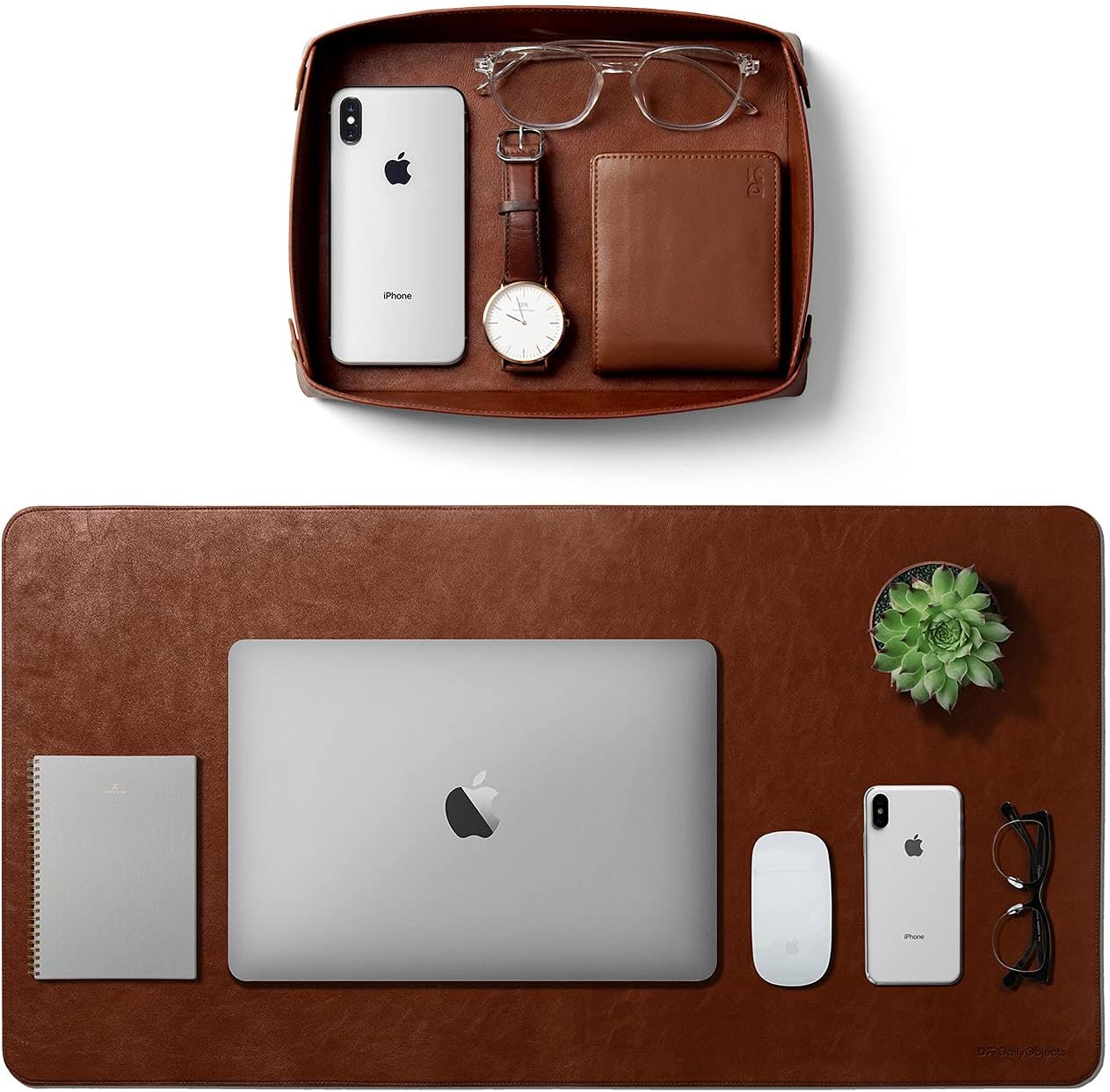 DailyObjectsDailyObjects Combo Super Smooth Tan Large Premium Vegan Leather Reversible, Water Resistent Turf Desk Mat | Anti-Skid | Anti-Slip | 85 * 45 cm | Vegan Leather Tan Desk Tray Organiser - Set of 2