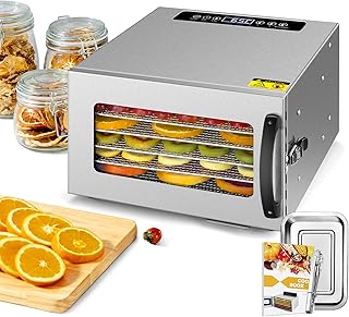 Kwasyo Stainless Steel Food Dehydrator, 6 Tray Fruit Dryer Machine with Free Recipe Book, BPA-Free, 30~90℃ Temperature Setting, Max 24h, Dehydrator Food Dryer UK for Vegetables, Meats, Chili-400W