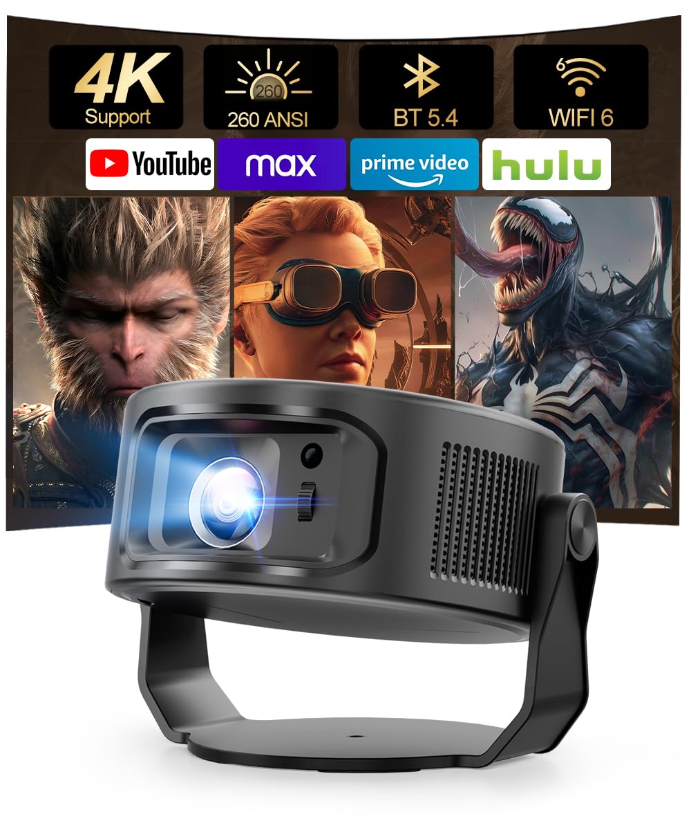 Magcubic Android 14 Proiettore 260 ANSI Wi-Fi 6 Bluetooth 5.4 | Correzione Trapezoidale Automatica e Messa a Fuoco Manuale, Vdeoproiettore libera a 360° più 35° per l'home cinema