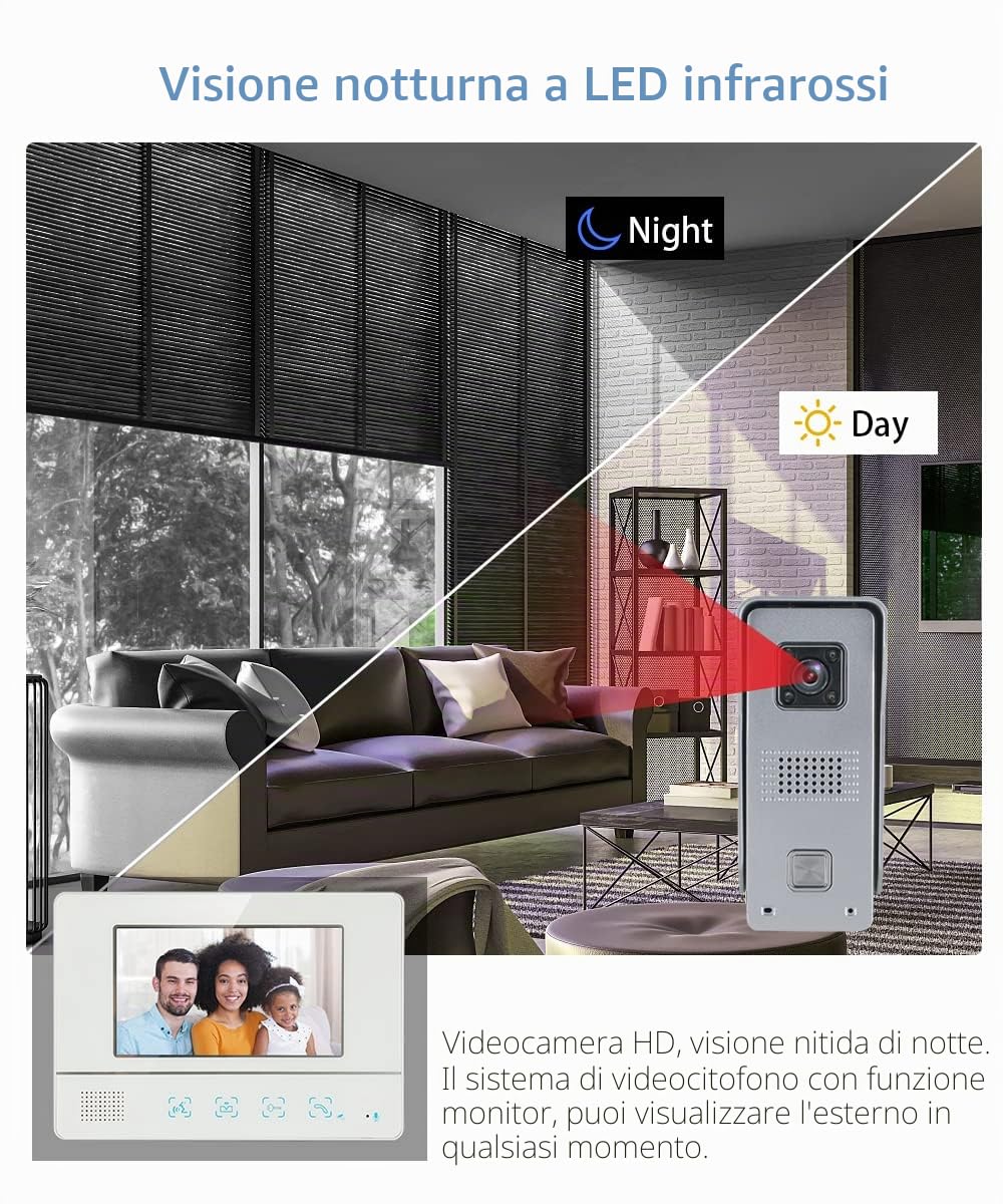 Videocitofono Cablato Monitor a Colori da 7", Citofono Smart con Videocamera Campanello Cablato Visione Notturna IR Domestico Citofono