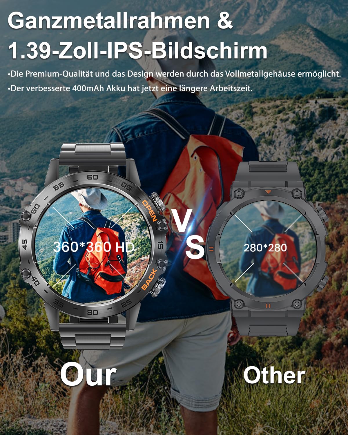 Herren Smartwatch Mit Metallarmband, 1,39 Zoll HD Robuste Militär Smart Watch Mit Herzfrequenz, Blutdruck, Schlafüberwachung Für Android Ios Samsung, 100+ Sportmodi Sportuhr