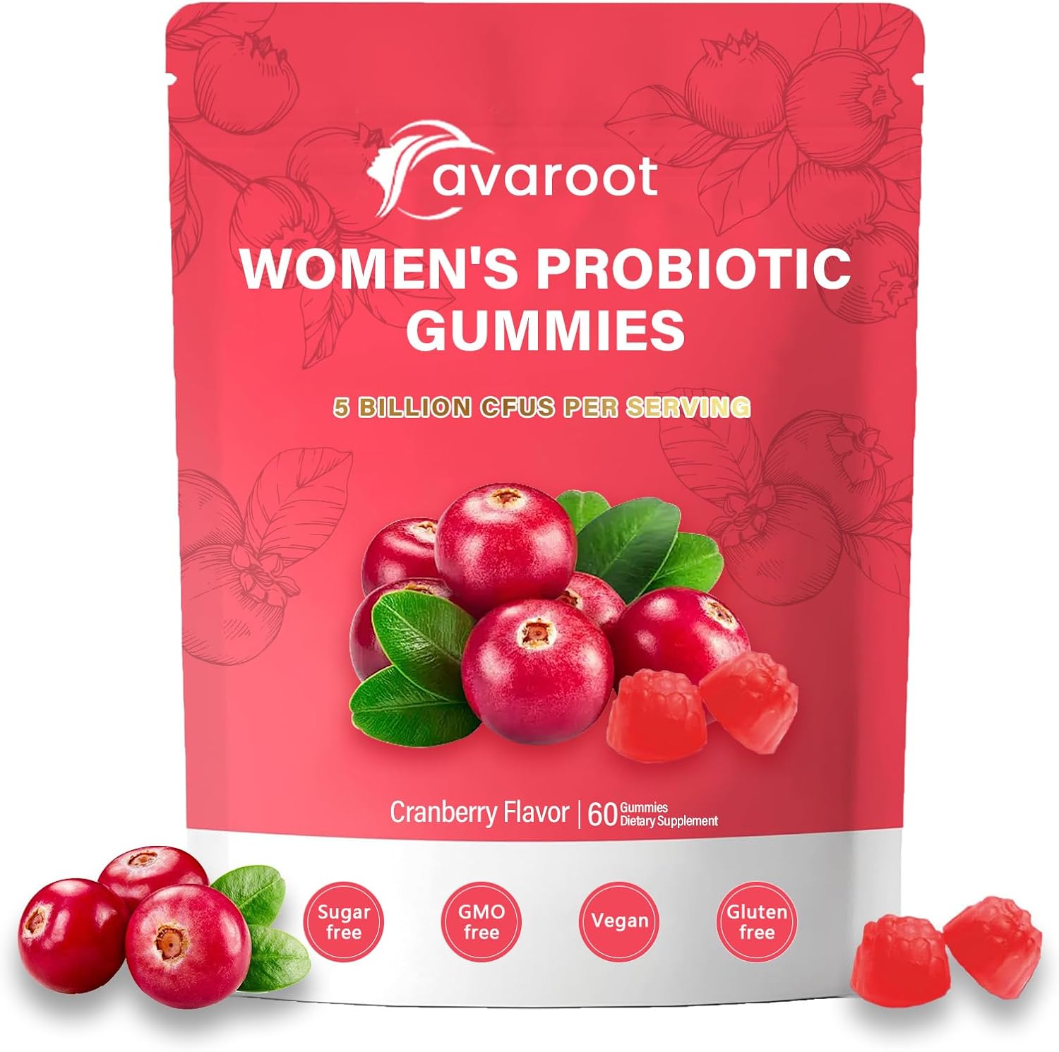 avaroot Women's Vaginal Probiotics, Women's Balanced pH Gummies, Healthy Smell, Yeast Balance and Flora + Vitamin C, Immune Support - Cranberry Flavor (1pc)