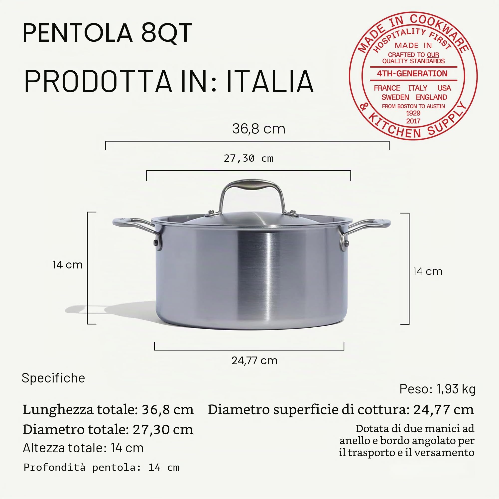 Made In Pentole in Acciaio Inox da 8 Litri con Coperchio - Rivestimento in Acciaio Inox a 5 Strati - Pentole Professionali - Made in Italy - Compatibile con Induzione