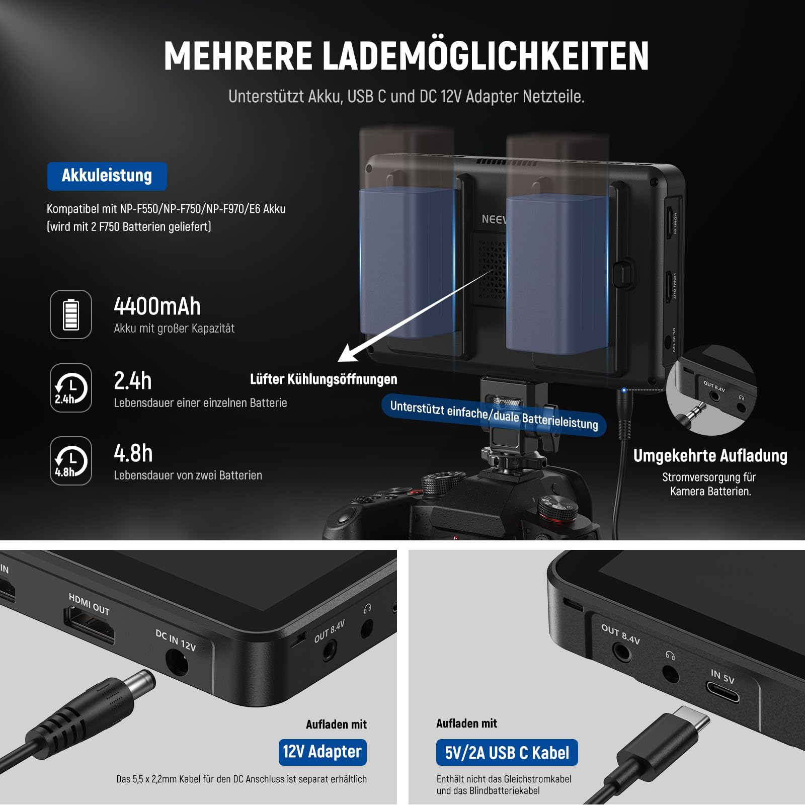 NEEWER F700 7Zoll Kamera Feld Monitor, 2000nit HD 1920 x 1080 IPS Touchscreen, 3D LUT, 4K HDMI Loop in/Out Peak Focus DSLR Video Assist HDR Waveform, Cold Shoe Mount, 2 NP-F750 Akkus, Reinigungstuch