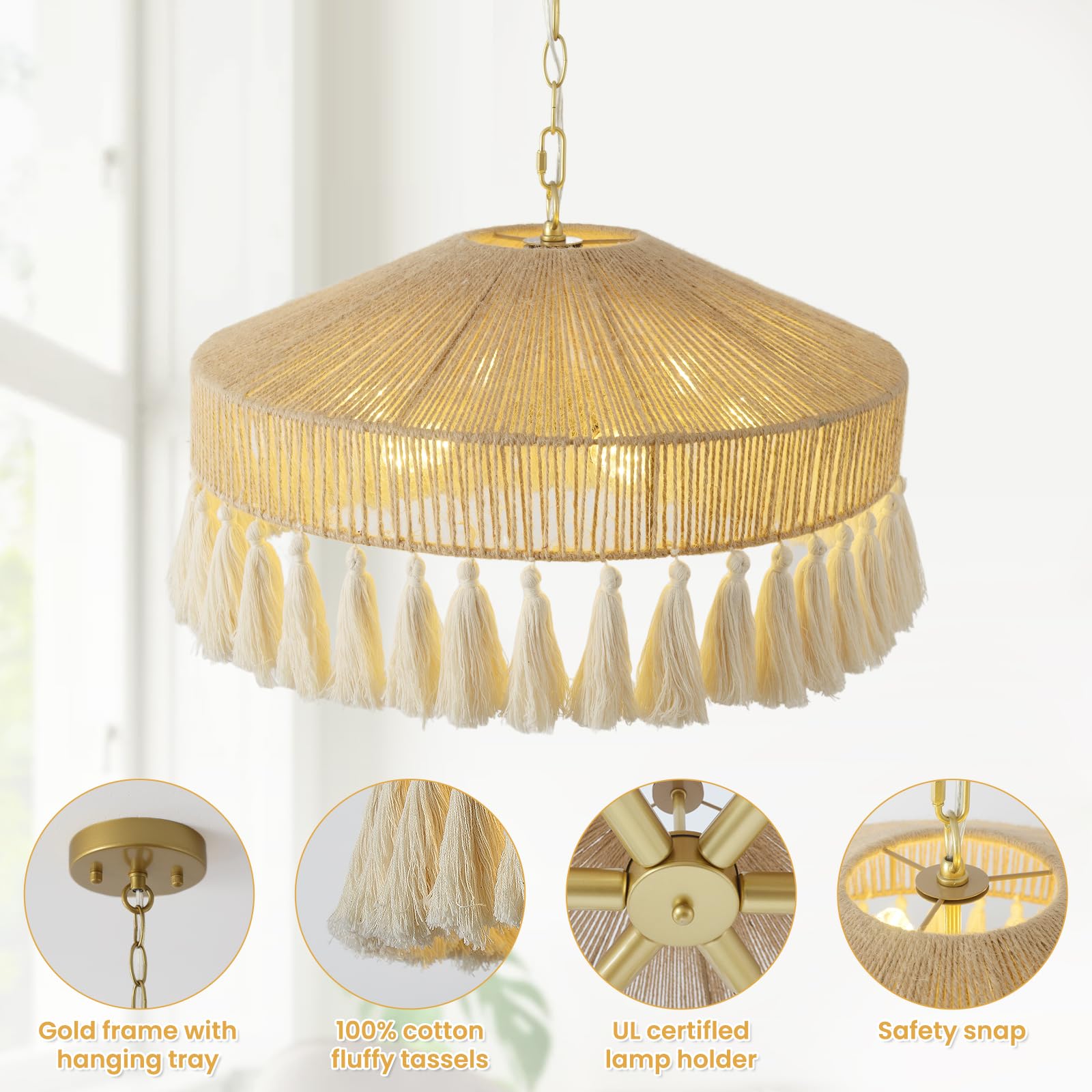 Boho Hand Woven Chandelier Large Rattan Pendant Light 19.5in 6 Lights Chandelier Coastal Style Ceiling Lighting Fixtures for Living Dining Room Kitchen Bedroom Nursery Girls Room