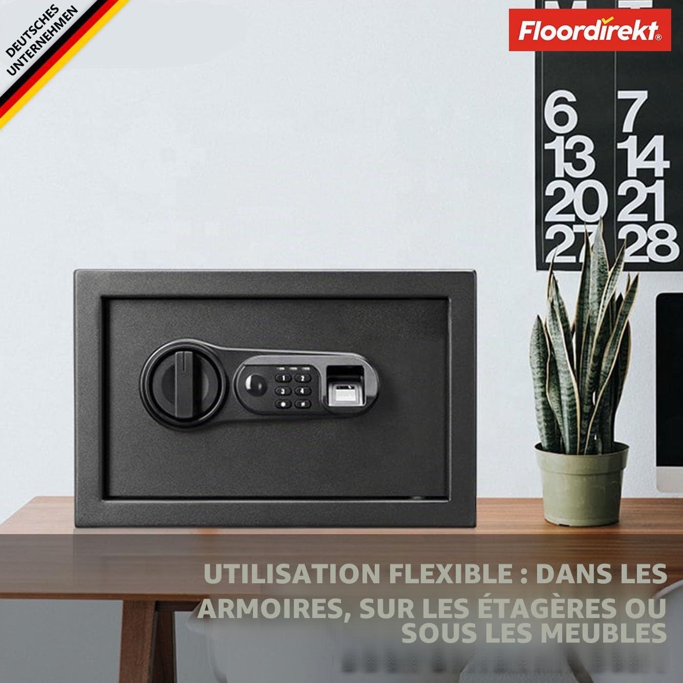 Floordirekt Coffre-fort Catoca 25 x 35 x 25 cm - Coffre-fort pour meubles avec empreintes digitales et serrure à combinaison, petit coffre mural pour maison, coffre-fort avec clé